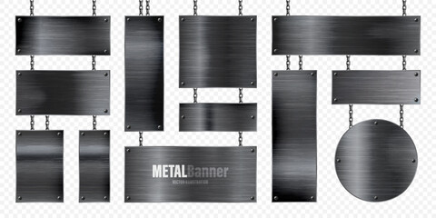 Metal banners hanging on a chain. Realistic shiny steel plate with screws. Polished black metal surface. Vector illustration