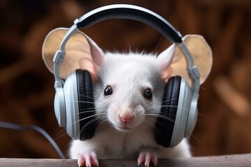 Image of a small mammal with ear protection for listening to music. Generative AI