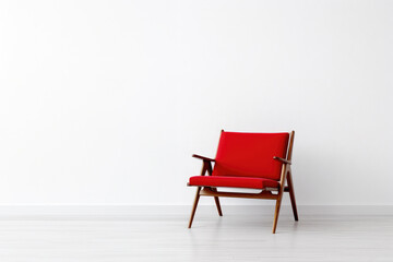 Red modern chair standing against white background. Minimalist, elegant interior detail