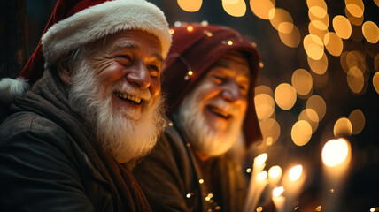 Two laughing men in Santa Claus costumes on blurred background