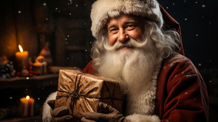 Smiling mature man in Santa Claus costume holding a wrapped gift box