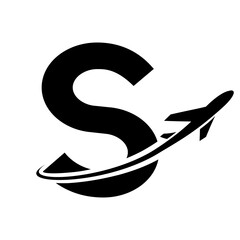 Black Uppercase Letter S Icon with an Airplane