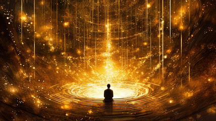 Silhouette of a person meditating in a sacred place filled with golden sparkles, observing magical light in front of him. Spiritual practice. - obrazy, fototapety, plakaty