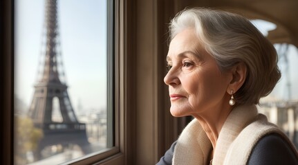 portrait of a woman looking out window