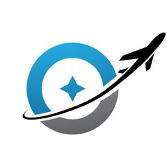 Blue and Black Antique Letter O Icon with an Airplane