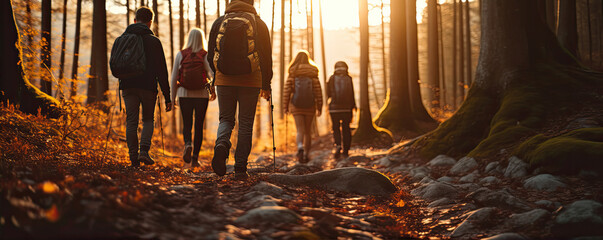 Hikers walking in fores in sunset light. Detail on hiker shoe rear view.  copy space for text. - obrazy, fototapety, plakaty