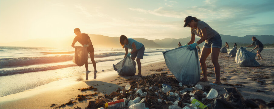 Team of volunteers picking up trash or plastic waste bottles from beach