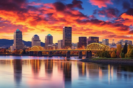 A city skyline in Portland, Oregon, showcasing the urban beauty of the USA. Generative AI