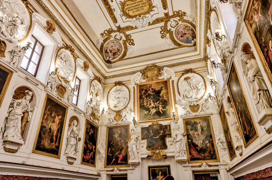 Palermo, Italy - July 18, 2022: Interior details and sculptures of the Oratorio del Rosario di Santa Cita in Palermo
