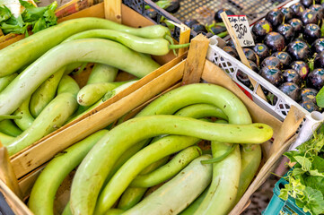 Palermo, Italy - July 18, 2022: Sicilian long zucchini at a market in Palermo
