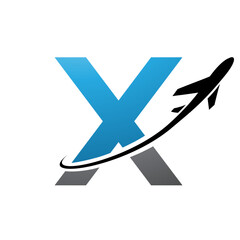 Obraz premium Blue and Black Lowercase Letter X Icon with an Airplane