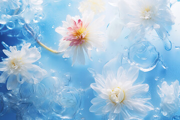 Fototapeta na wymiar White Flowers in Blue Ice Dreaming Winter