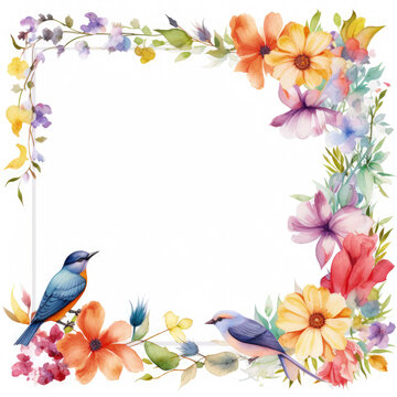 Watercolor Floral and bird frame Illustration, Generative Ai
