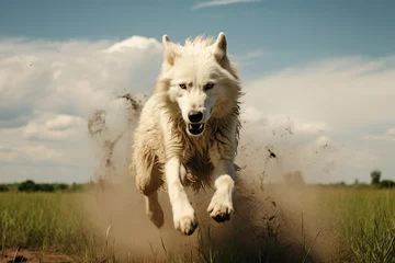 Fotobehang A white wolf jumping over the camera, high speed chase on the grassy plains © AI_images