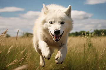 A white wolf jumping over the camera, high speed chase on the grassy plains