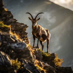 Majestic Ibex on a Cliff, Stunning Natural Light Generative AI Photography