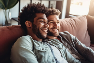 Obraz premium Carefree young gay couple relaxing on a couch