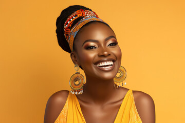 Cheerful African woman with makeup smiling in a studio - obrazy, fototapety, plakaty