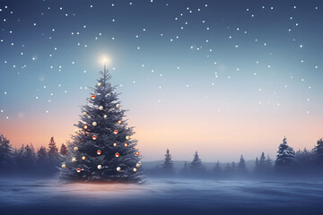 Beautiful decorated Christmas tree in a winter landscape with snow
