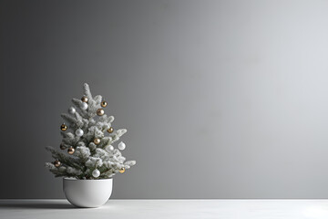 Festive Christmas  background. Beautiful decorated Christmas tree in pot, copyspace