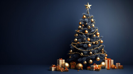Christmas tree with decoration in the navy blue background