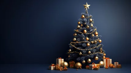 Gardinen Christmas tree with decoration in the navy blue background © AI_images