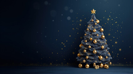 Christmas tree with decoration in the navy blue background