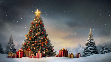 Beautiful decorated Christmas tree with gifts boxes in a winter landscape with snow