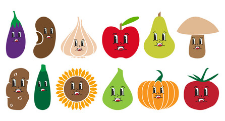 Groovy Cute Vegetable and Fruit Set of Eggplant, Bean, Garlic, Apple, Pear, Mushroom, Potato, Zucchini, Sunflower, Fig, Pumpkin and Tomato Characters Isolated on White Background