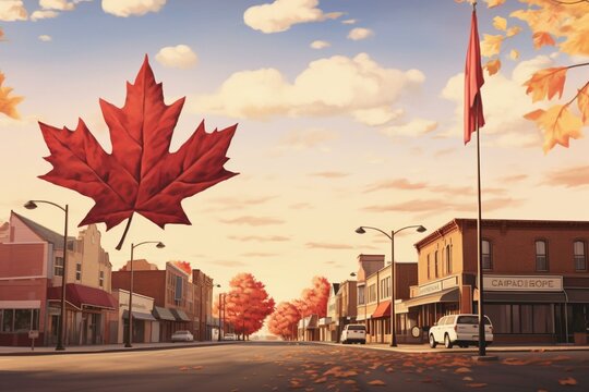 An image of Leduc, a city in Alberta province, Canada, with a prominent maple leaf nearby. Generative AI
