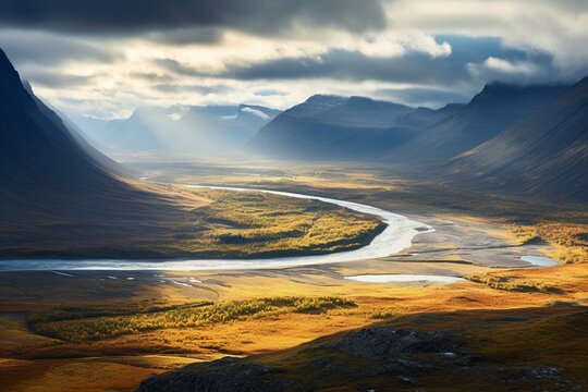 Scenic arctic valley in dazzling morning light. Remote Rapa River valley from Skierfe peak, Sarek National Park. Autumn colors. Generative AI