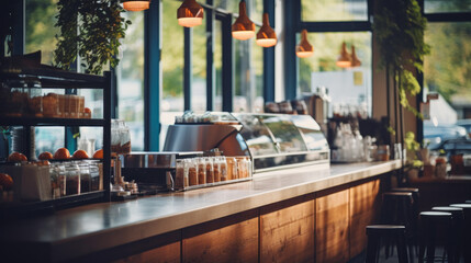 Cafe, counter, coffee shop, barista, interior, beverages, espresso, register, ambiance, serve, decor.