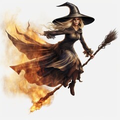 Halloween witch flying broom on white background - obrazy, fototapety, plakaty