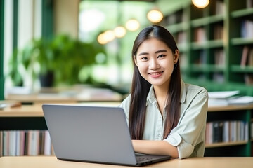 Happy Asian girl student using laptop computer in university library sitting at desk
