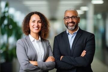 Happy confident business team people two Latin and African American colleagues standing in office