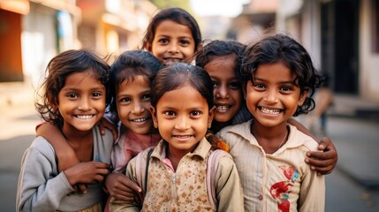 group of indian kids smiling in a village looking to a camera. poverty