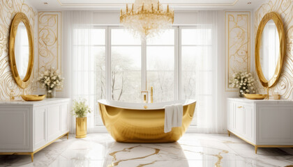 Salle de bain luxueuse en or et marbre blanc