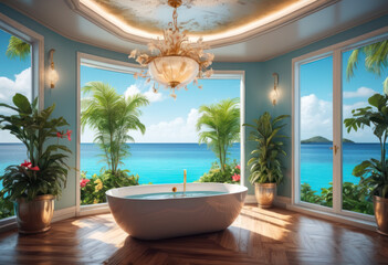 Salle de bain d'un hôtel de luxe avec vue panoramique sur la mer - obrazy, fototapety, plakaty