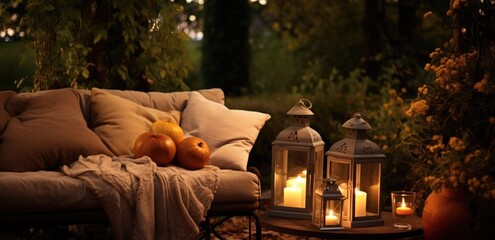 Autumn terrace with couch and candles in the fall garden