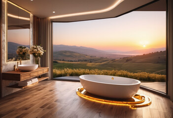Salle de bain luxueuse avec vue panoramique sur le coucher de soleil - obrazy, fototapety, plakaty