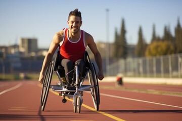 young man in wheelchair exercising on athletic track. paralympian