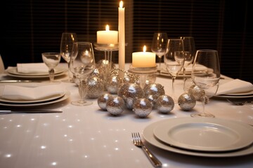 Elegant Christmas table setting in white color. Xmas celebration concept