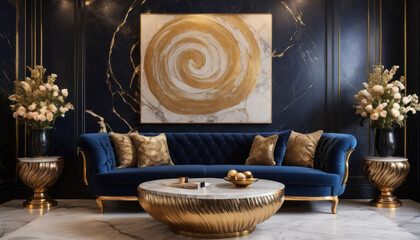 Canapé bleu et or avec un tableau abstrait dans le salon luxueux d'un hôtel - obrazy, fototapety, plakaty