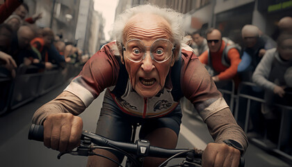 An elderly person male participating in a marathon or cycling event in a crazy manner makes a shocking facial expression, bicycle, competition - obrazy, fototapety, plakaty