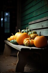 Fall pumpkins on the bench next to farm house. Autumn scenery, thanksgiving decoration