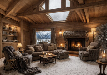Grand salon d'un chalet luxueux en bois avec une cheminée dans une ambiance chaleureuse