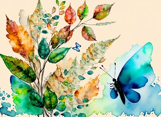 Watercolor illustration of butterflie and leaves, butterflie watercolor, leaf watercolor, decorative nature,