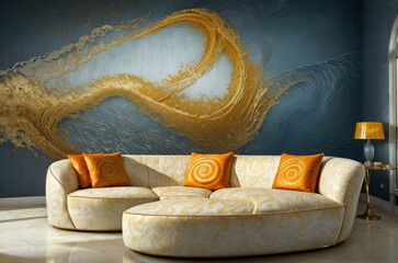 Canapé blanc brodé d'or avec des coussins orange devant une fresque de vague en or dans le salon luxueux d'un hôtel - obrazy, fototapety, plakaty