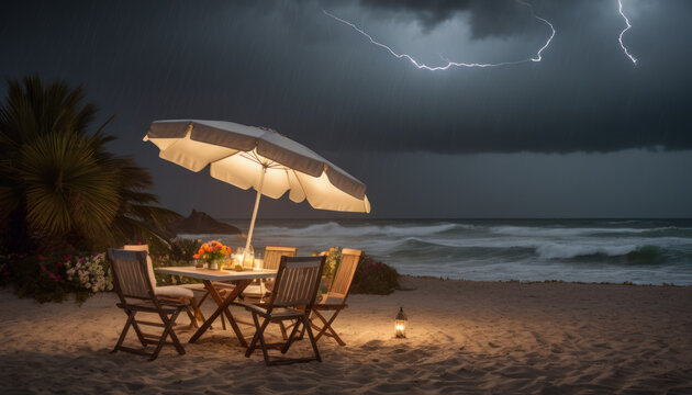 Sc&egrave;ne nocturne d'un repas sur la plage avec table, chaises et &eacute;clairage tamis&eacute; dans une ambiance chaleureuse un soir de temp&ecirc;te