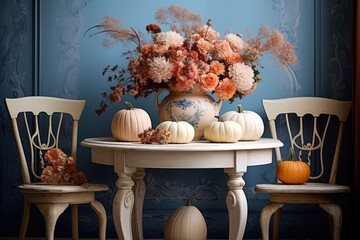 Classic interior with pumpkins and flowers decoration for thanksgiving and halloween